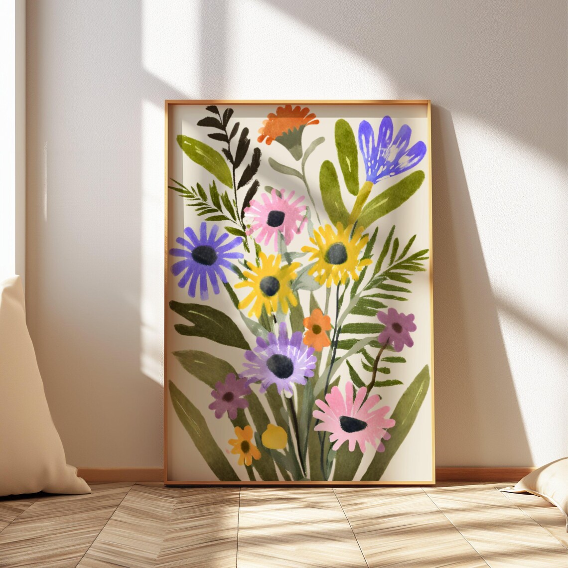 Colorful Watercolor Wildflower Bouquet with Lush Green Leaves Poster