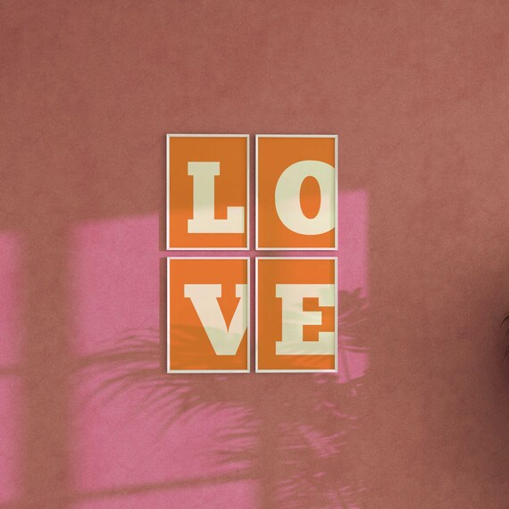 LOVE Letter Typography Four Panel Orange Modern Wall Art Set