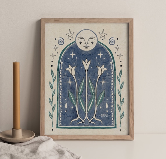 Moon Phase Boho Art Print, Spiritual Folk Floral