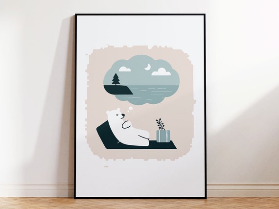 Kids Room Dreaming Polar Bear Wall Art I Pastel Coloured Cute Poster For Polar Bear Loving Child I Scandinavian Nursery Print I Framed
