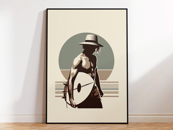 Minimalist Surfer Boy Wall Art Poster In Neutral Colours For Boho Scandinavian Style Home I Framed Surf Print I Gift For Surfing Enthusiast