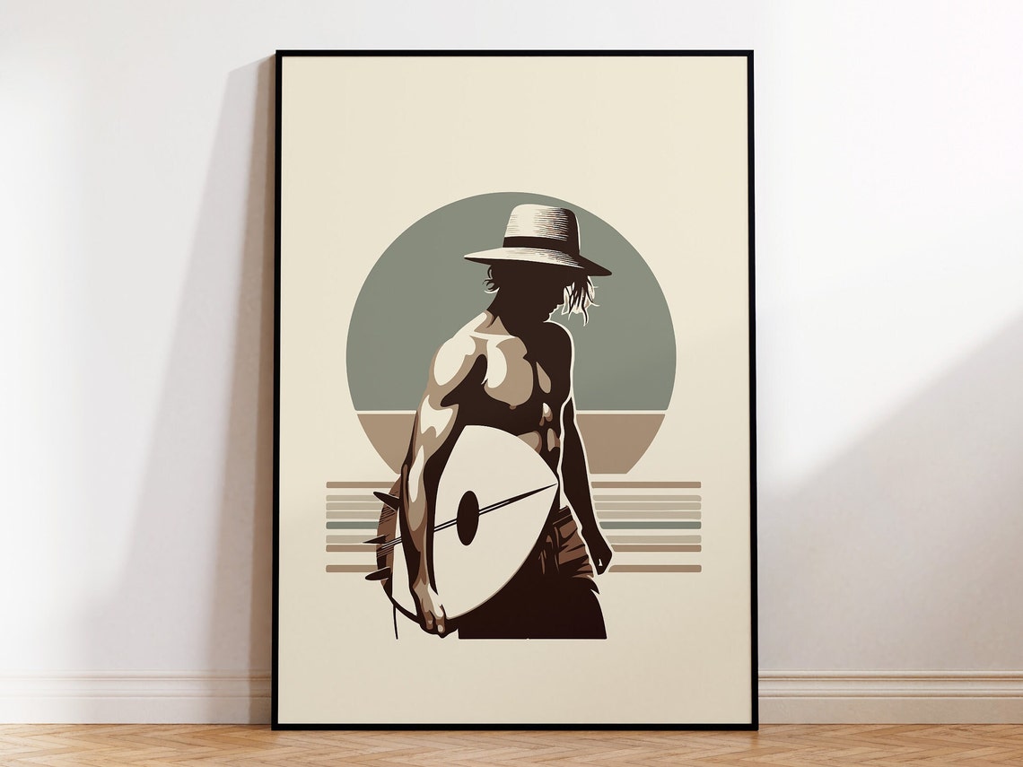 Surfer Silhouette Holding Surfboard Minimalist Beach Art Poster