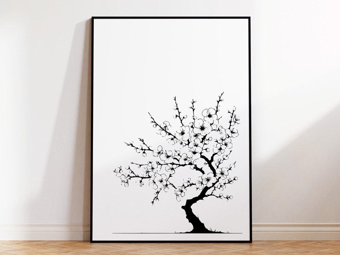 Cherry Blossom Tree Ink Painting Black White Japanese Zen Wall Poster