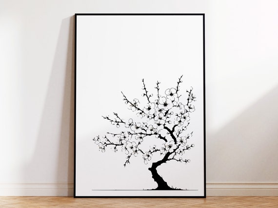 Minimalist Blossomed Cherry Tree Print For Japandi Home Wall Art Black And White Cherry Tree With Blossoms For Contemporary Scandi Interior