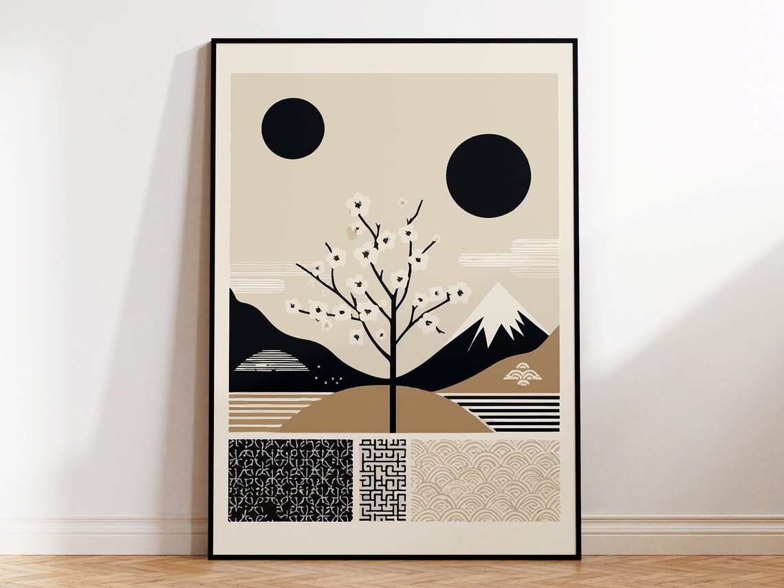 Cherry Blossom Tree Japanese Landscape Mount Fuji Modern Zen Poster