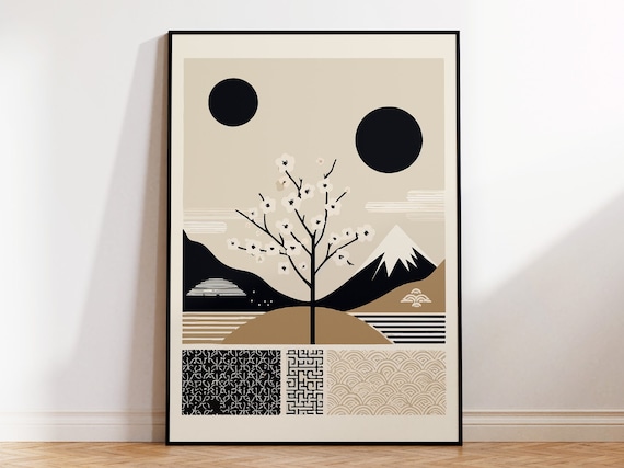 Cherry Blossom Tree Japanese Landscape Mount Fuji Modern Zen Poster