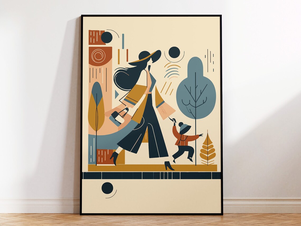 Mom Walking With Child Mid Century Modern Abstract Mother Poster