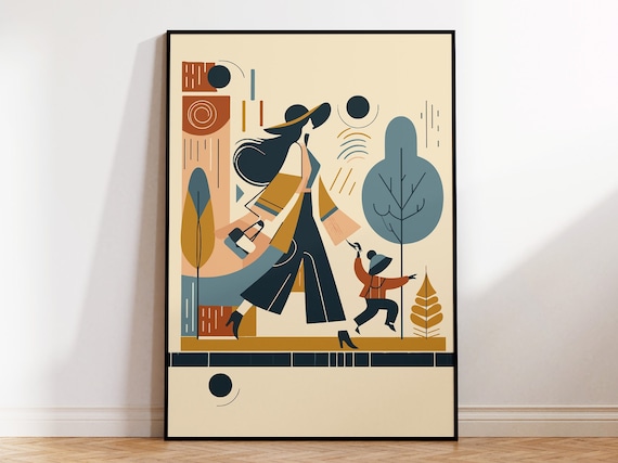 Mom Walking With Child Mid Century Modern Abstract Mother Poster