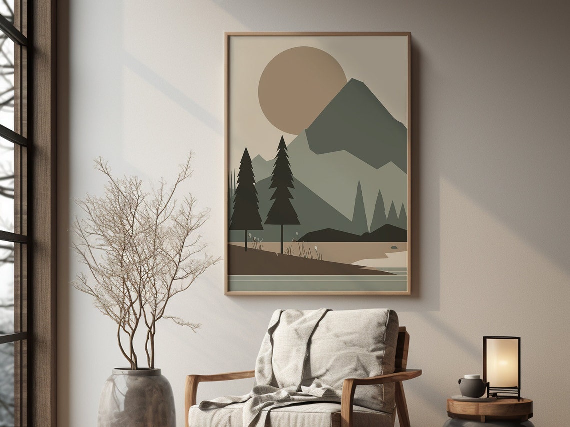 Geometric Mountain Lake Pines Big Sun Scandinavian Style Poster