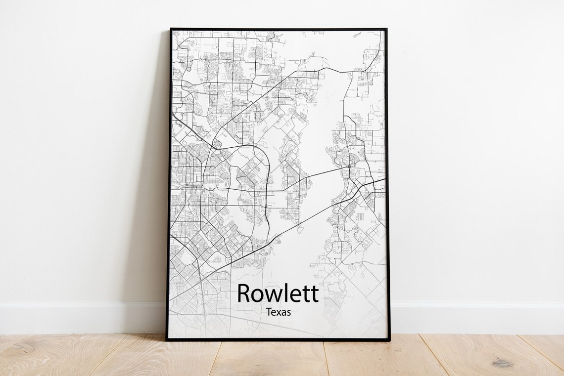 Rowlett Texas Black and White Minimalist City Street Map Art Poster