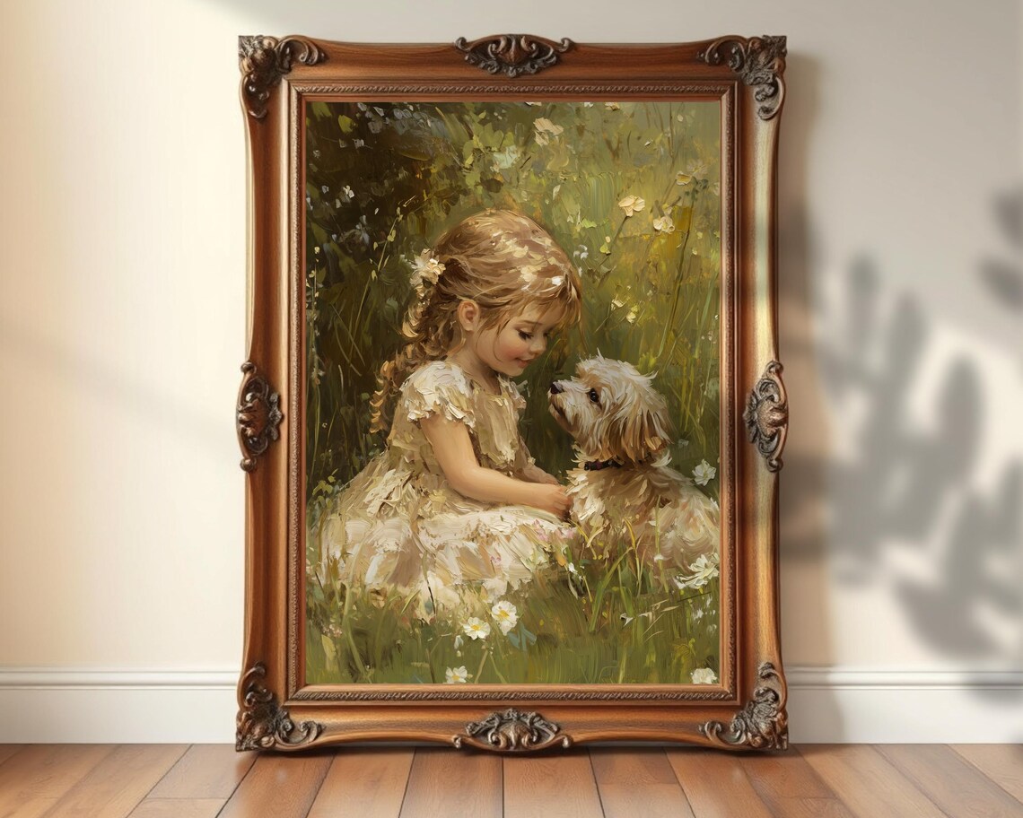 Vintage Girl And Shih Tzu Art Print, Whimsical Decor