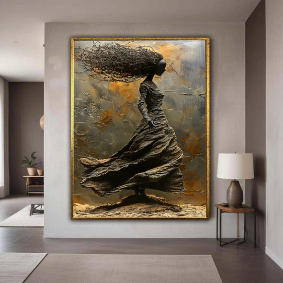 Abstract Woman Silhouette Canvas Flowing Dress Art Modern Wall Decor Contemporary Female Figure Painting Artistic Gift Home
