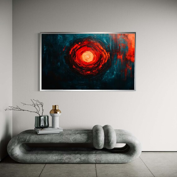 Abstract Red Orange Circle Canvas Print Deep Blue Background Art Modern Energetic Sunburst Wall Decor Contemporary Bold Statement Piece