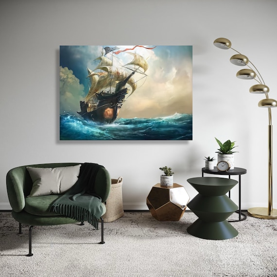 Vintage Pirate Ship Sailing Stormy Blue Ocean Waves Painting Poster