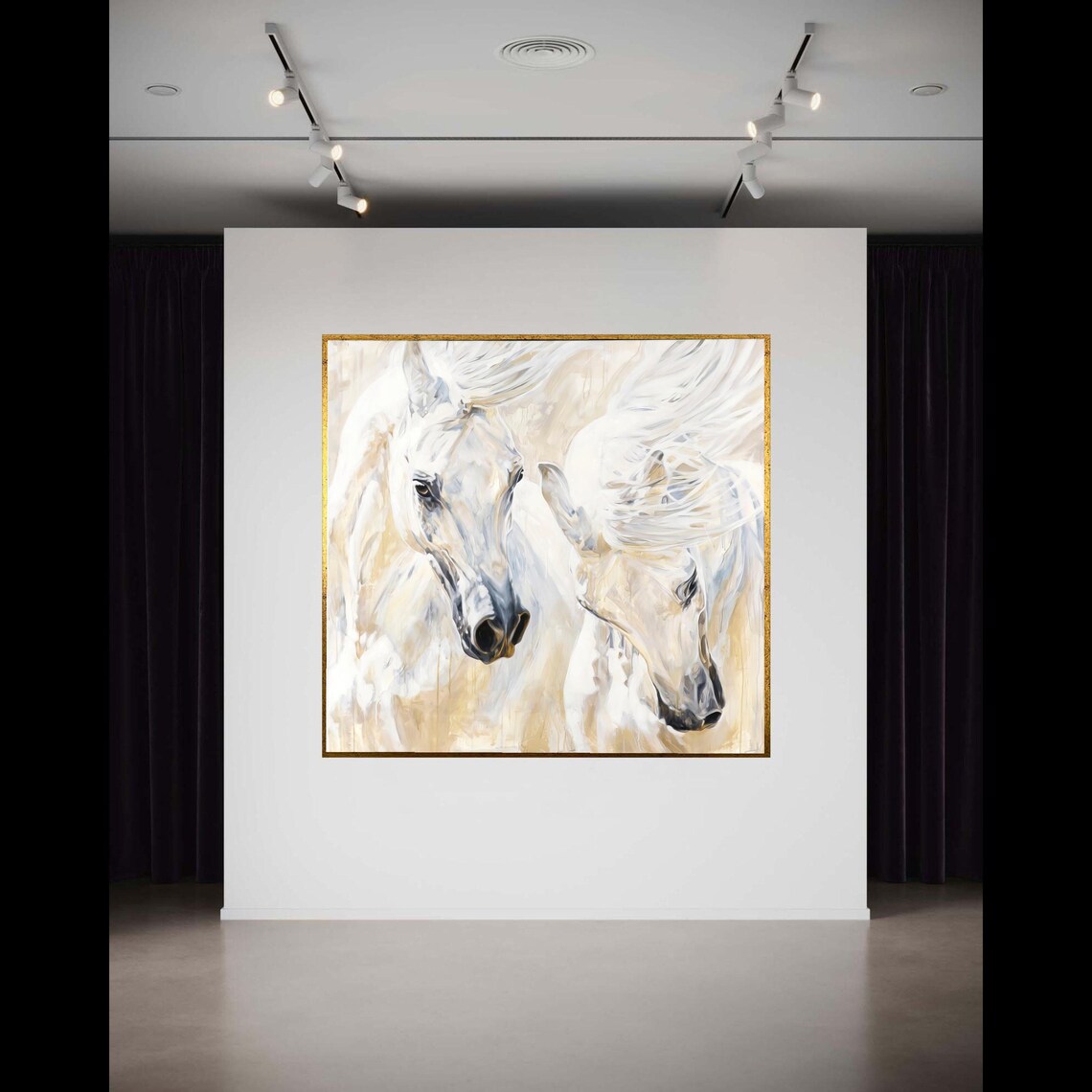 Pair Of White Horses Soft Gold Painterly Equine Portrait Art Poster