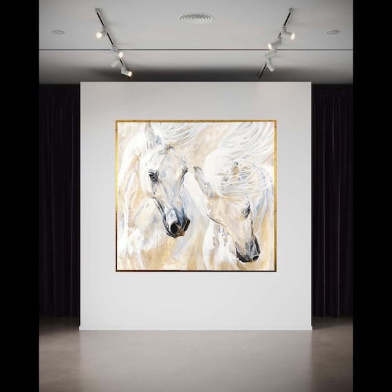 Majestic White Horses Canvas Wall Art Abstract Equine Painting Neutral Tones Home Decor Elegant Animal Gift