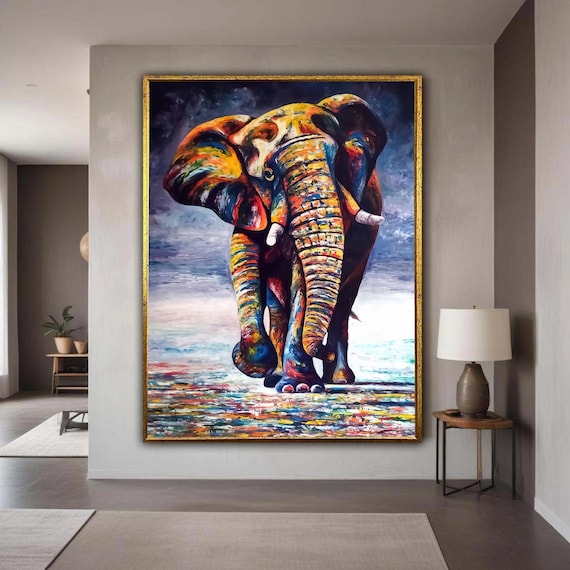 Vibrant Colorful Elephant Canvas Abstract Wildlife Art Modern Animal Painting Multicolor Safari Wall Decor Bold Gift Home