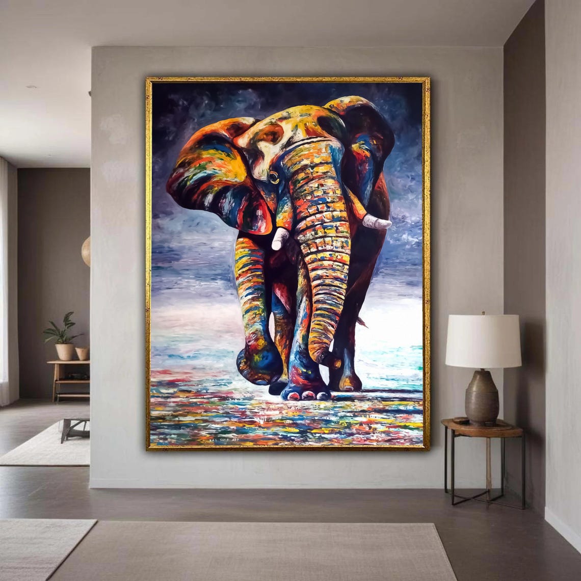 Multicolor Elephant Palette Knife Painting Bold Safari Decor Poster