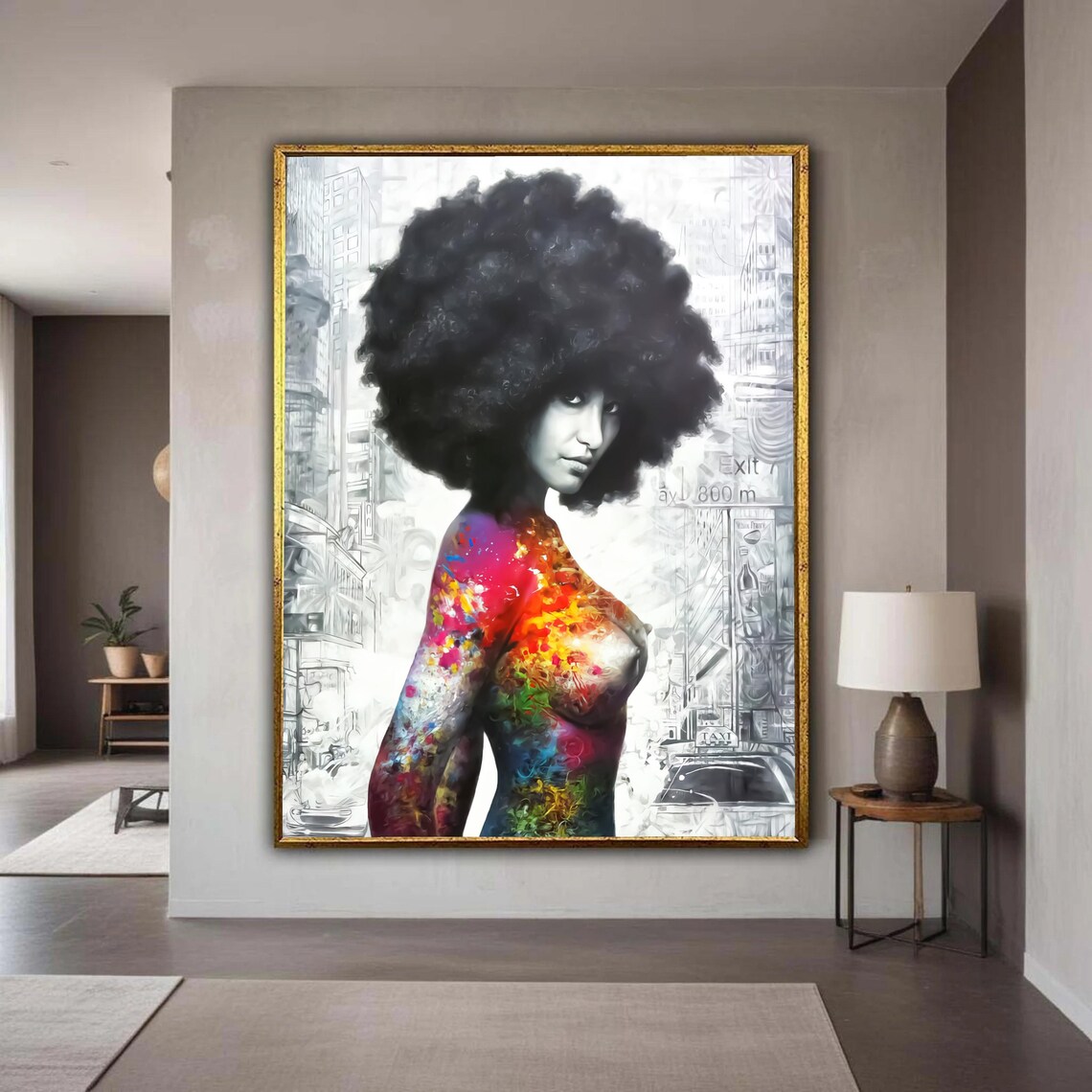 Colorful Paint Splattered Afro Woman Bold Urban Pop Art Portrait Poster