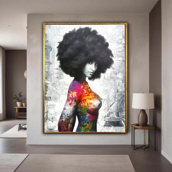Vibrant Afro Woman Portrait Canvas Colorful Body Art Painting Urban Style Wall Modern Female Figure Gift Home Decor