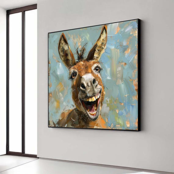 Laughing Donkey Canvas Print Whimsical Animal Art Expressive Impasto Style Painting Joyful Funny Farmhouse Wall Decor Cheerful Gift