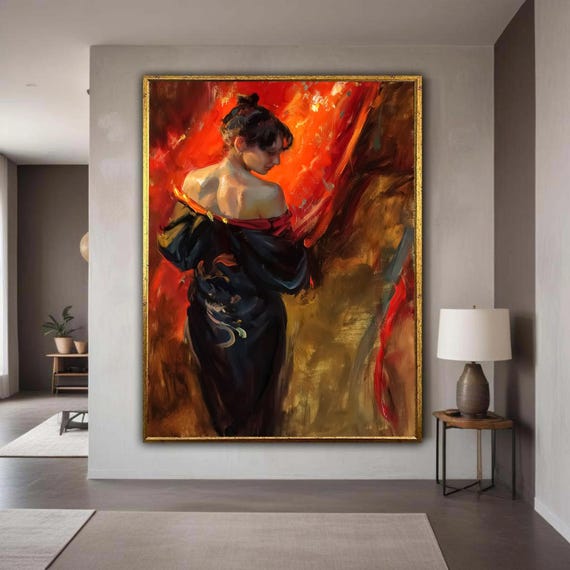 Elegant Geisha Woman Canvas Wall Art Modern Oriental Painting Asian Culture Decor Red And Black Artistic Gift Home