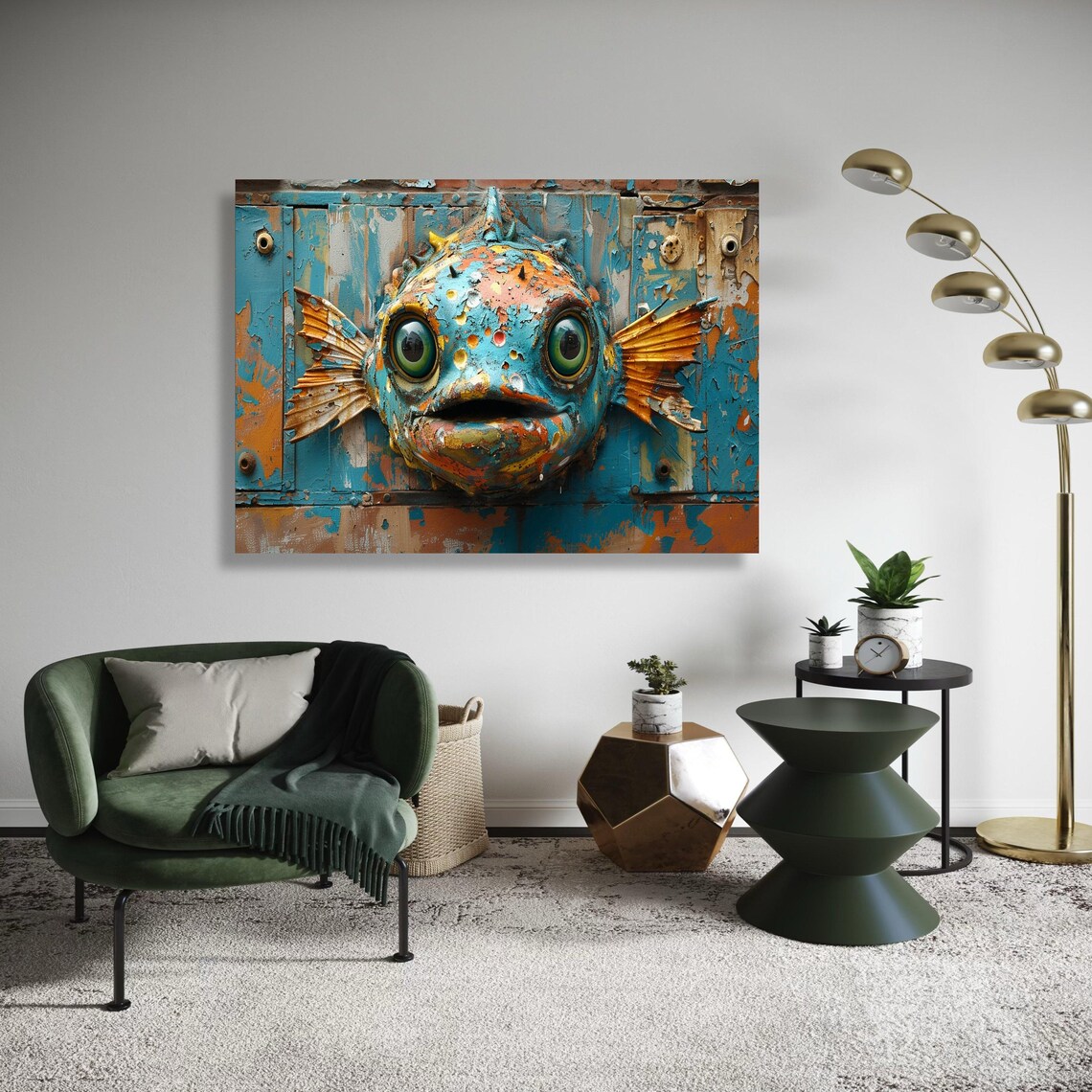 Colorful Steampunk Fish Sculpture, Rustic Industrial Art Print