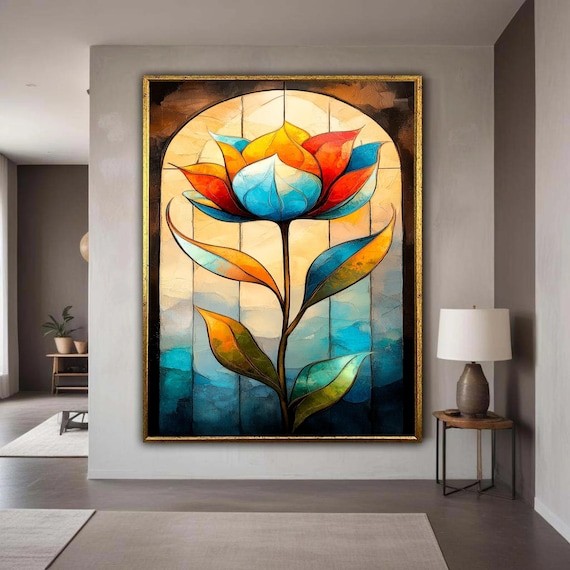 Stained Glass Style Flower Fiery Orange Blue Bloom Botanical Poster