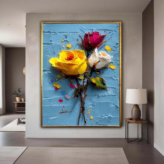 Yellow Pink White Roses Impasto Oil Painting Bold Floral Poster