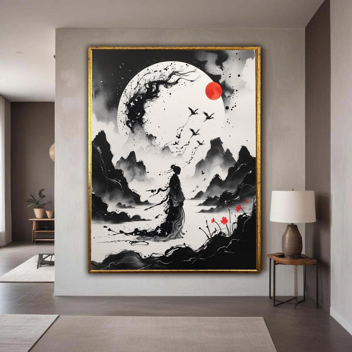 Moonlit Japanese Woman Ink Painting Mountain Landscape Wall Art