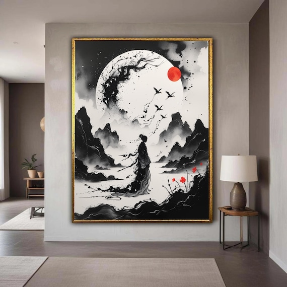 Mystical Moonlit Landscape Canvas Abstract Japanese Woman Art Black And White Ink Painting Red Sun Birds Asian Gift Home Decor