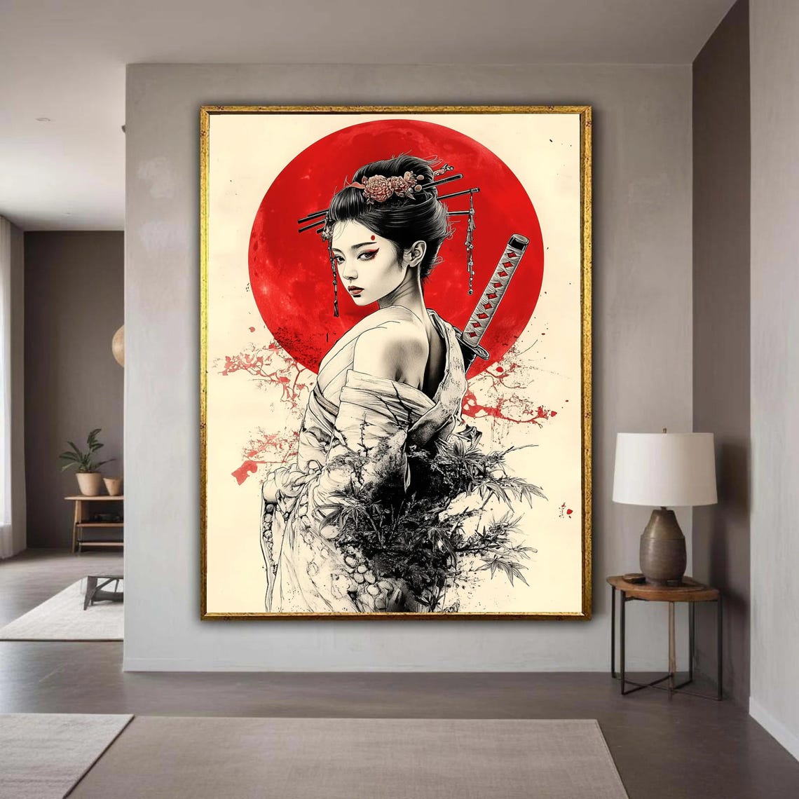 Geisha With Katana Red Sun Ink Splash Japanese Warrior Art Wall Print
