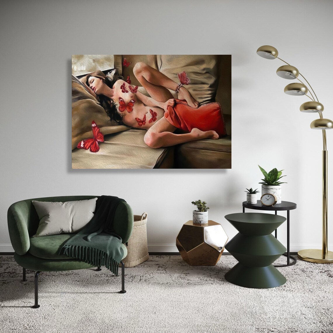 Dreamy Reclining Woman Surrounded By Red Butterflies Painterly Poster