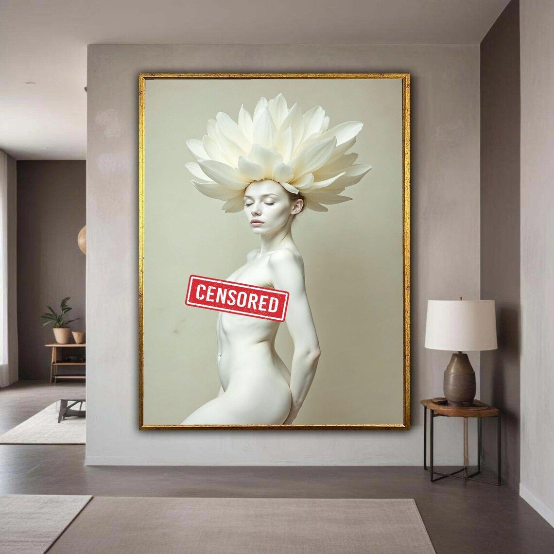 Elegant Nude Woman White Flower Headdress Minimalist Portrait Print