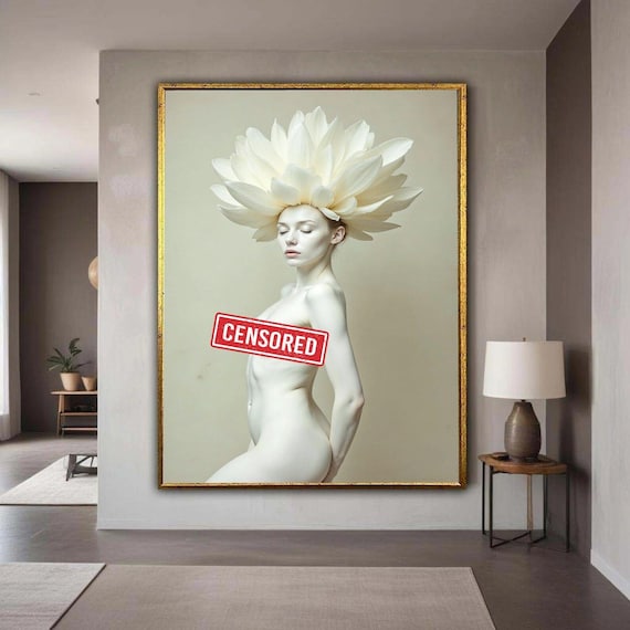 Elegant Nude Woman White Flower Headdress Minimalist Portrait Print