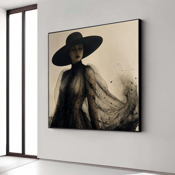 Elegant Woman Black Hat Canvas Sheer Dress Fashion Art Print Dramatic Monochrome Style Wall Decor Sophisticated Ethereal Beauty
