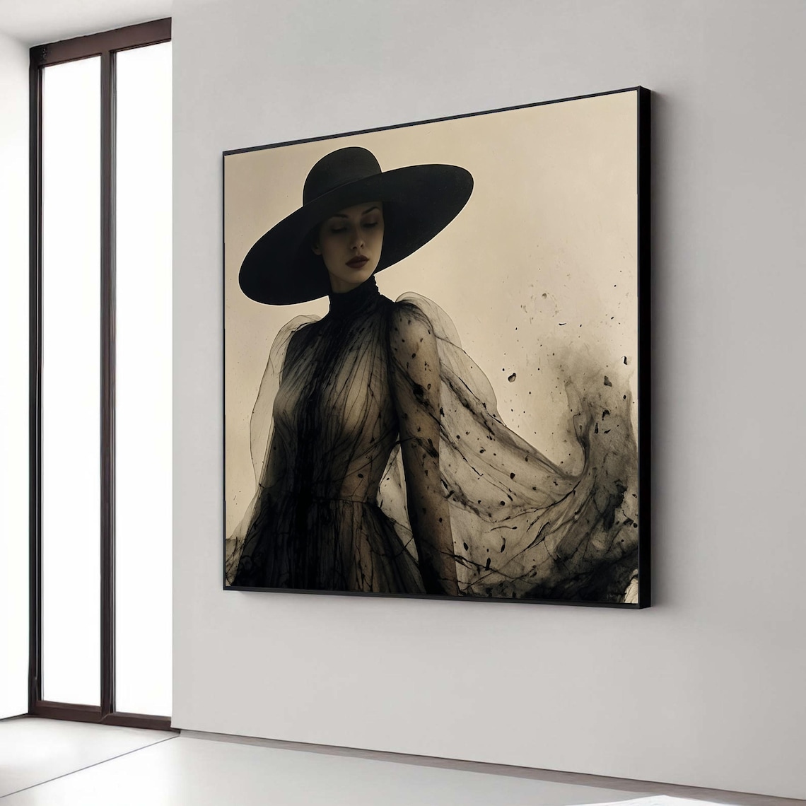 Elegant Woman Black Wide Brim Hat Sheer Dress Dramatic Art Poster