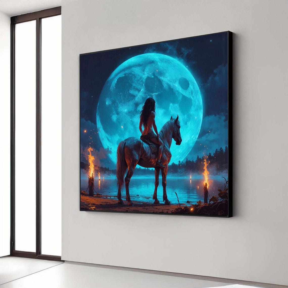 Mystical Moonlit Ride Canvas Woman On Horseback Night Sky Wall Art Fantasy Landscape Blue Moon Home Gift Decor