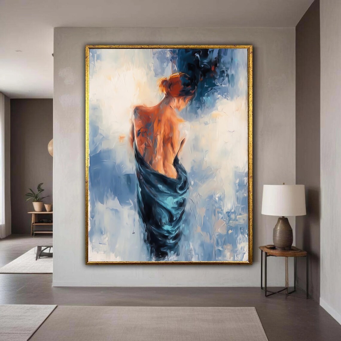 Woman In Blue Drape Red Hair Elegant Abstract Figurative Wall Art