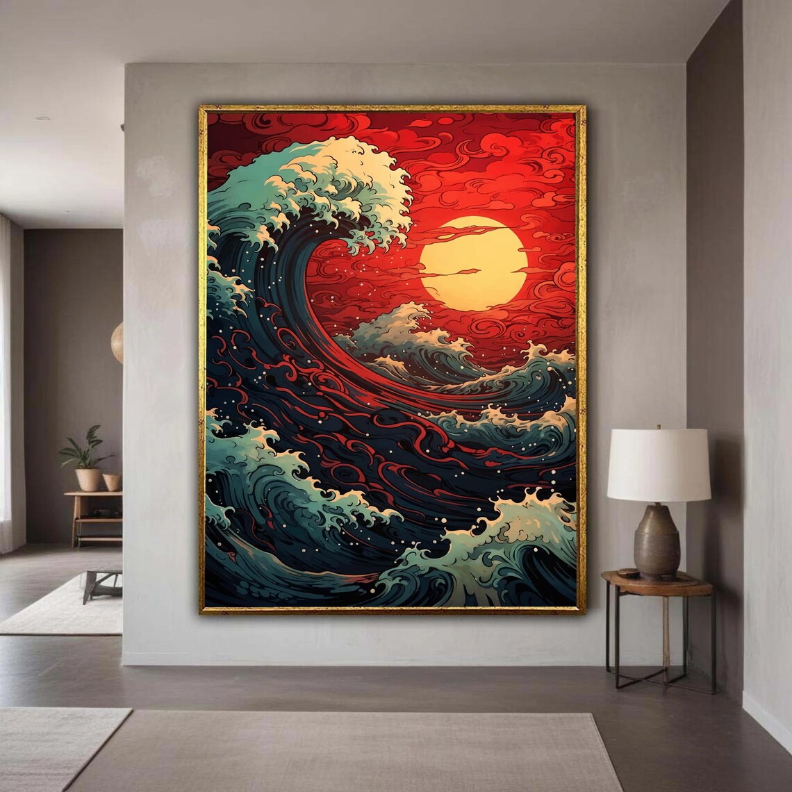 Dramatic Ocean Wave Canvas Japanese Style Sea Art Red Sunset Wall Decor Abstract Nature Coastal Room Gift Home