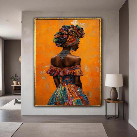 African Woman Colorful Headdress Canvas Painterly Portrait Art Vibrant Cultural Fashion Print Elegant Back Profile Statement Necklace
