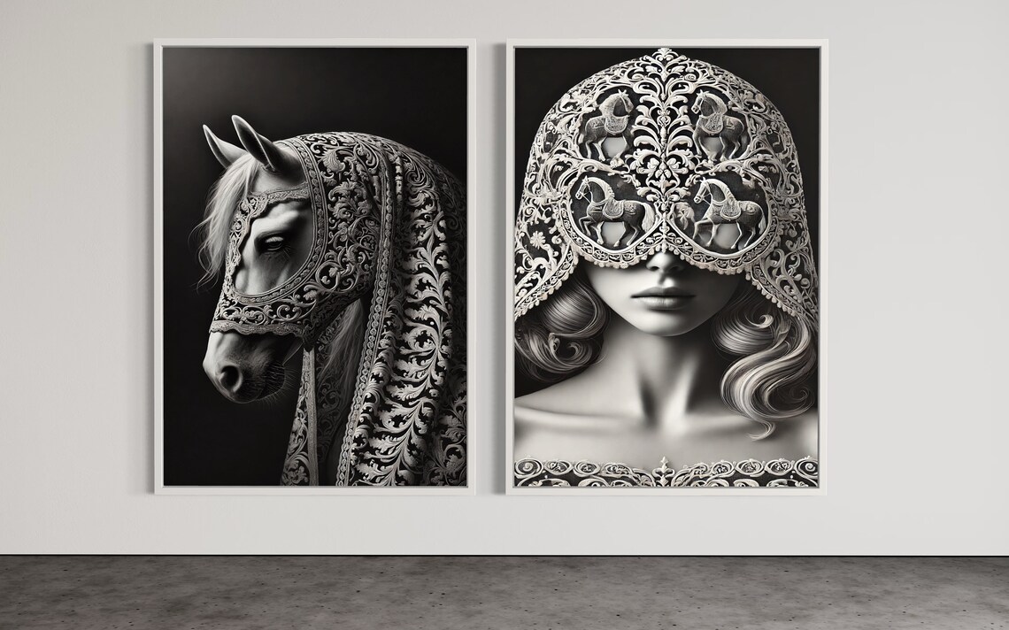 Elegant Ornate Horse and Woman Lace Veil Black White Duo Poster