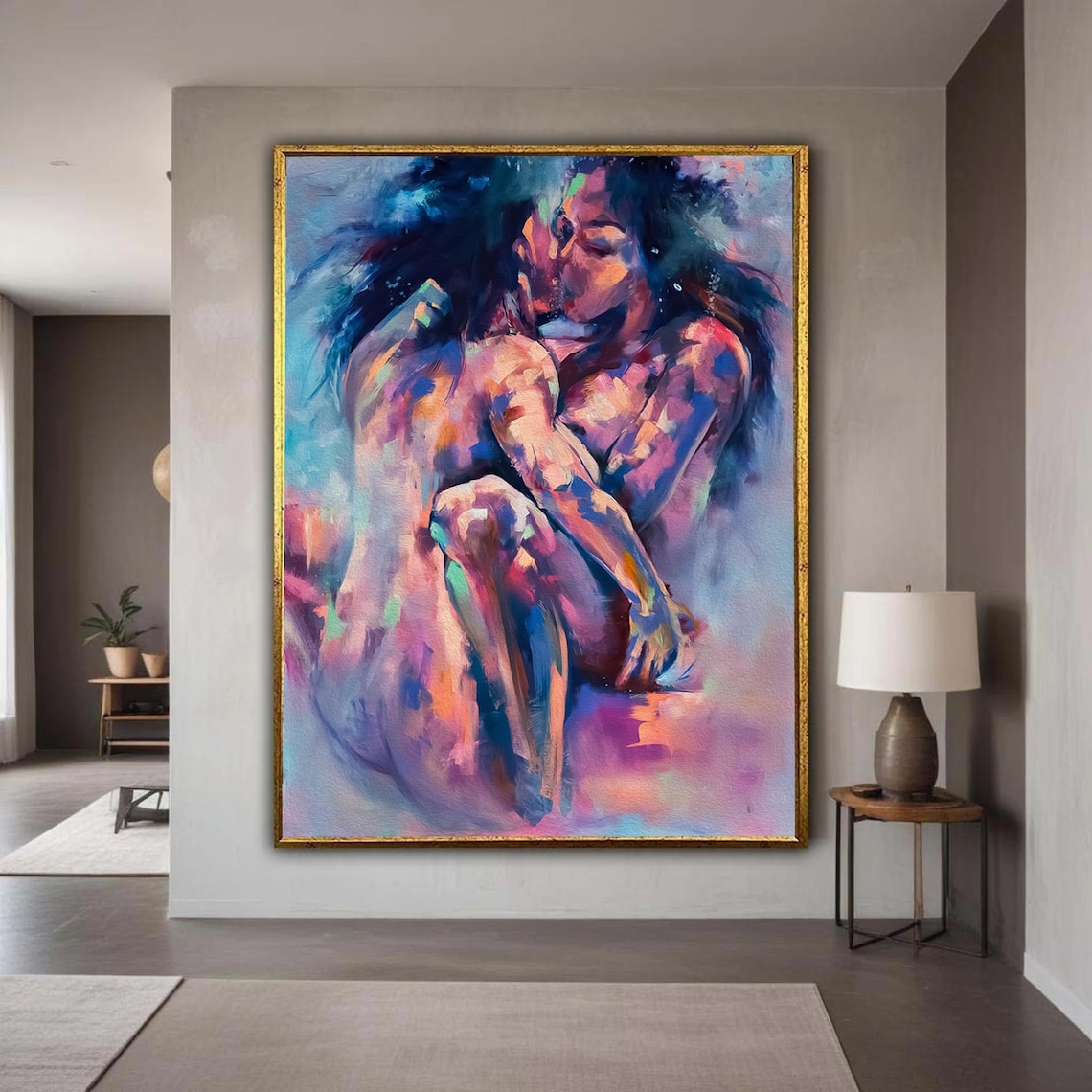 Passionate Embrace Abstract Canvas Colorful Lovers Wall Art Modern Figurative Romantic Home Decor Expressive Gift