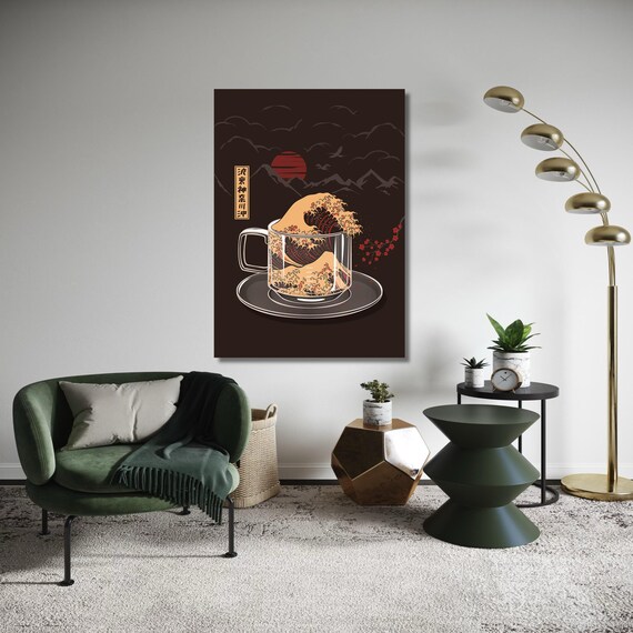 Japanese Great Wave Coffee Cup Mount Fuji Sunset Style Poster
