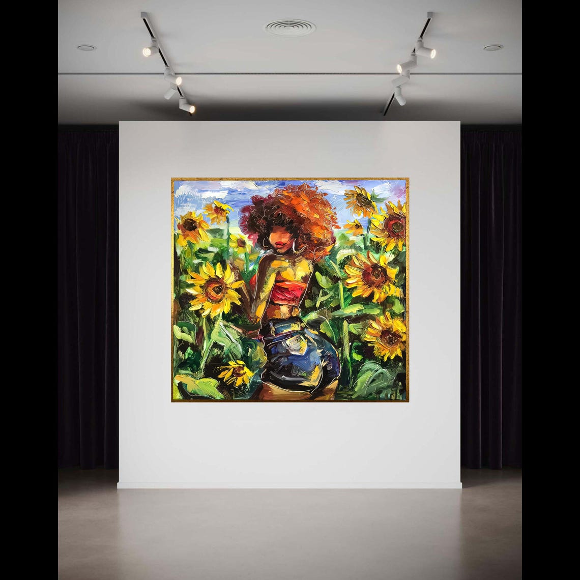 Woman Among Sunflowers Curly Red Hair Vibrant Summer Portrait Wall Art