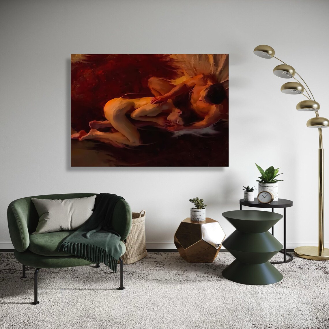 Lovers Embrace Warm Red Oil Painting Romantic Couple Art Poster