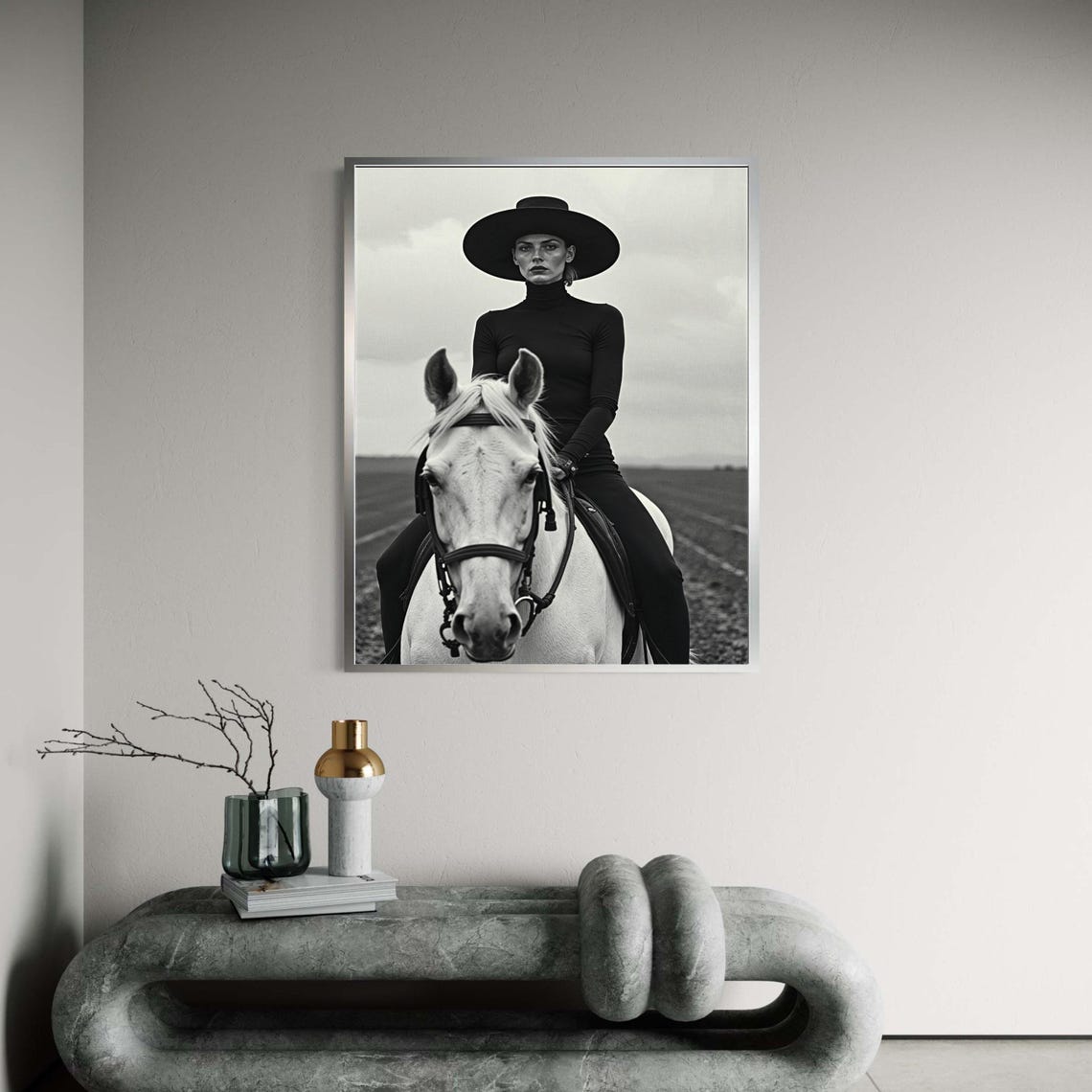 Woman in Black Hat on White Horse Monochrome Equestrian Art Poster