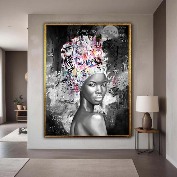 Afrocentric Woman Portrait Graffiti Headwrap Black White Wall Art
