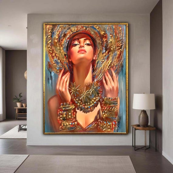 Elegant Woman Portrait Canvas Gold Jewelry Wall Art Fashion Illustration Glamorous Lady Artistic Home Decor Gift
