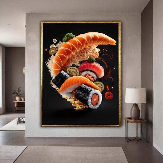 Modern Sushi Art Exploding Salmon Nigiri Maki Rolls Black Poster